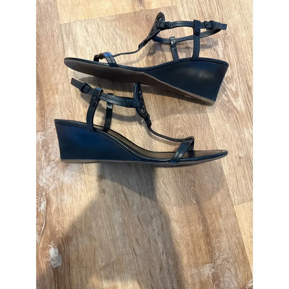 Tory Burch Miller T-Strap Wedge Sandals Black Leather Size 9